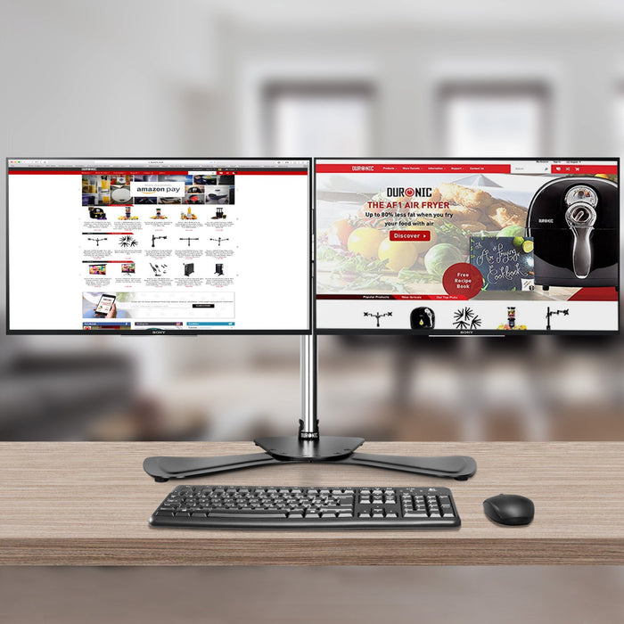 Duronic Computer Monitor Arms Stand with dual monitor and keyboard on a table