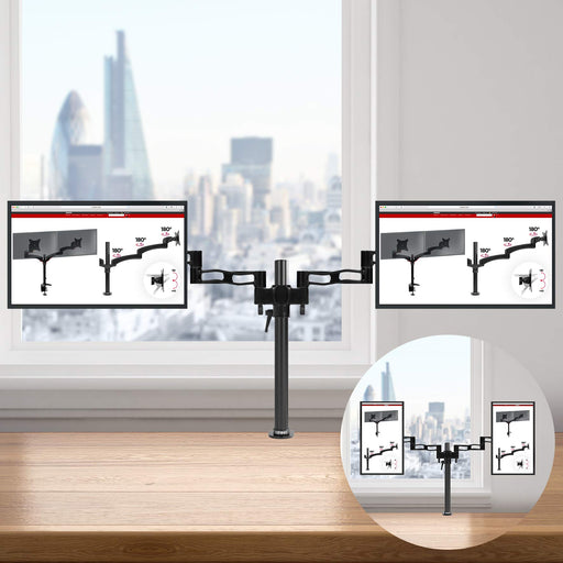 Duronic Computer Monitor Arms Stand with two articulating arms and 180° swivel capability, shown in a modern office setting against a city window