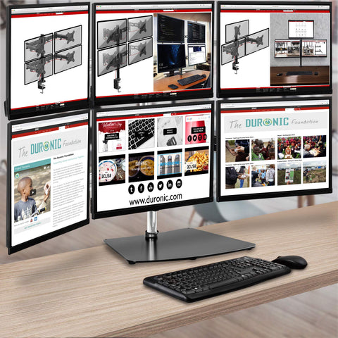 Duronic Computer Monitor Arms showcasing Duronic multi-screen stands with a keyboard and mouse on a wooden desk.