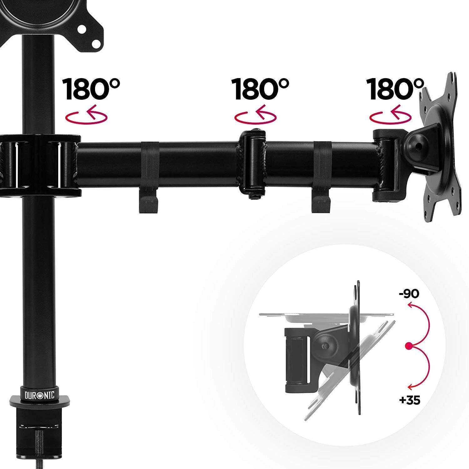 Duronic Computer Monitor Arms showing 180-degree articulation points and tilt range diagram.