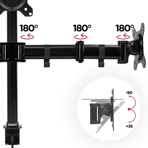 Duronic Computer Monitor Arms showing 180-degree articulation points and tilt range diagram.