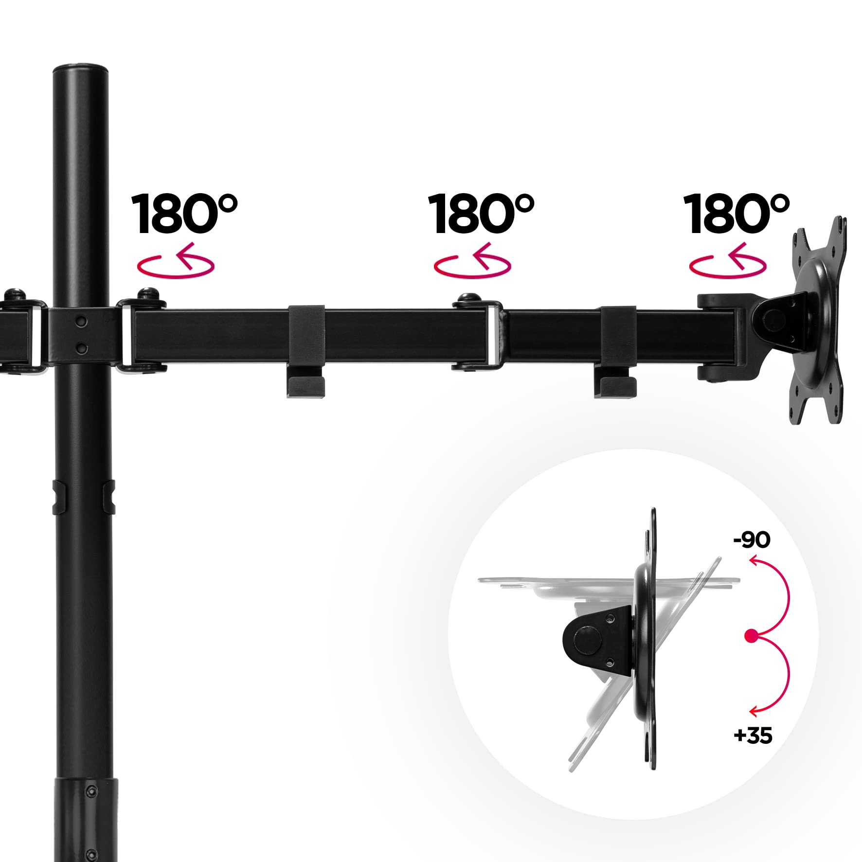 Duronic Computer Monitor Arms showing three 180° swivel joints and -90° to +35° tilt range.