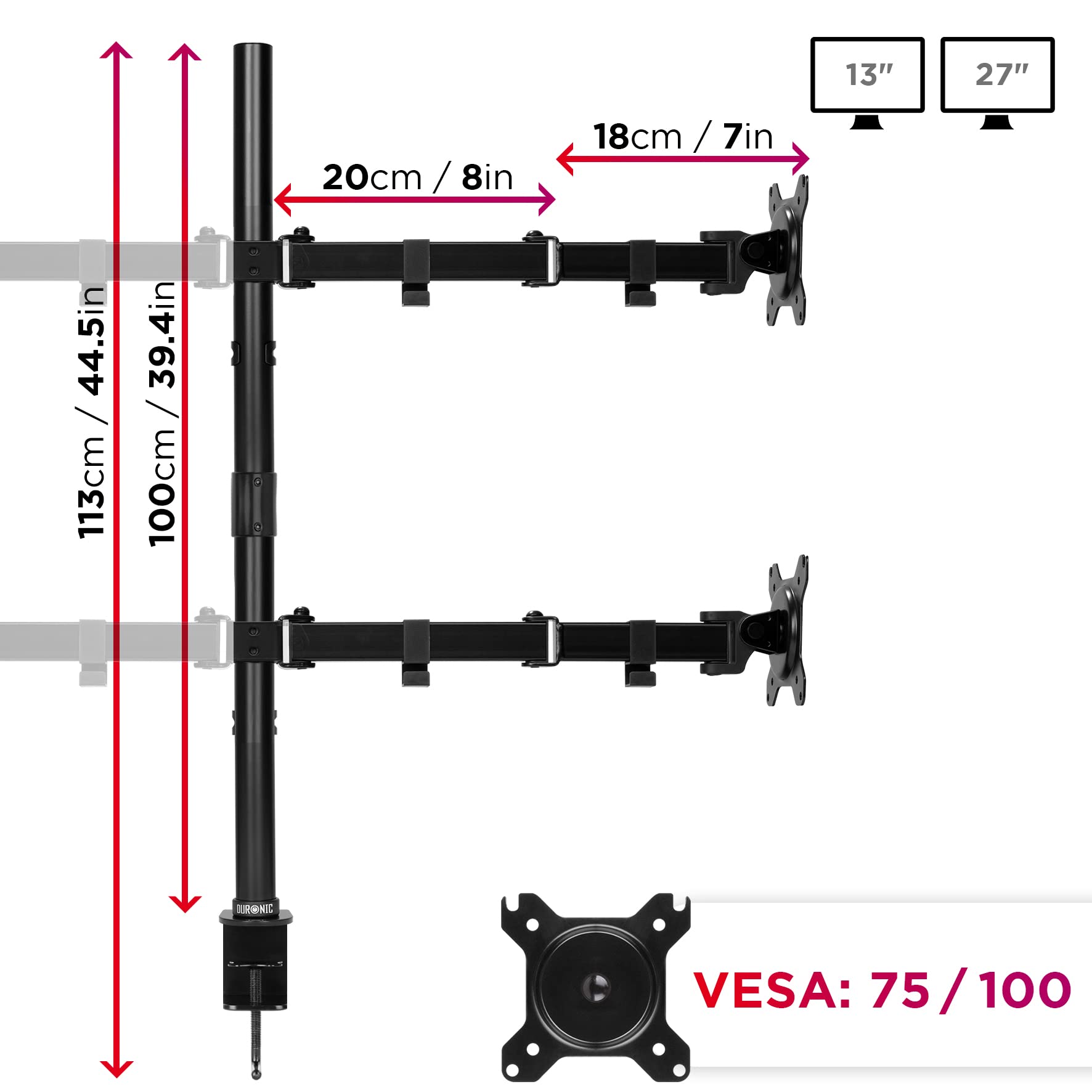 Duronic Computer Monitor Arms with adjustable arms, 100cm height, and VESA 75/100 compatibility.