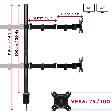 Duronic Computer Monitor Arms with adjustable arms, 100cm height, and VESA 75/100 compatibility.