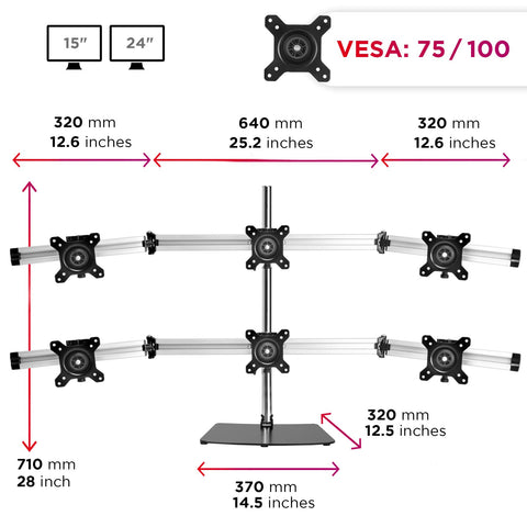 Duronic Computer Monitor Arms with technical dimensions diagram for a six monitor desk stand supporting 15 to 24 inch screens.