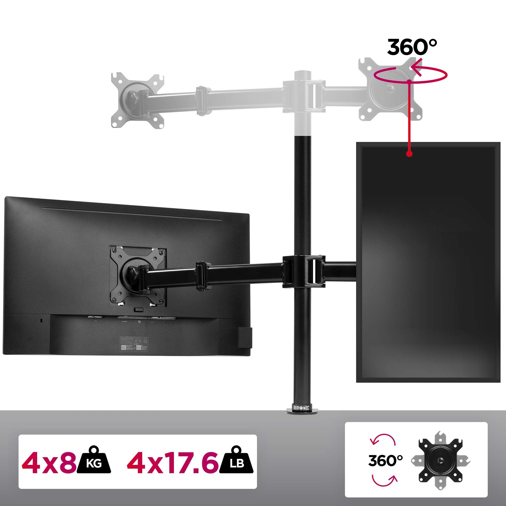 Duronic Computer Quad Monitor Arms holding a horizontal screen and a vertical screen with 360-degree rotation.