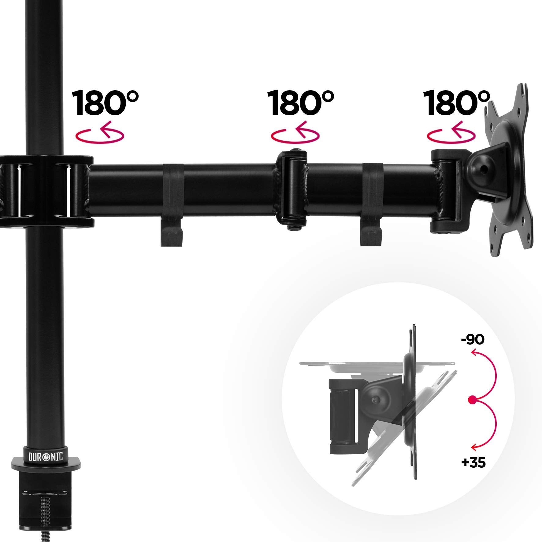 Duronic Computer Quad Monitor Arms showing 180-degree swivel arm joints and adjustable tilt angles.