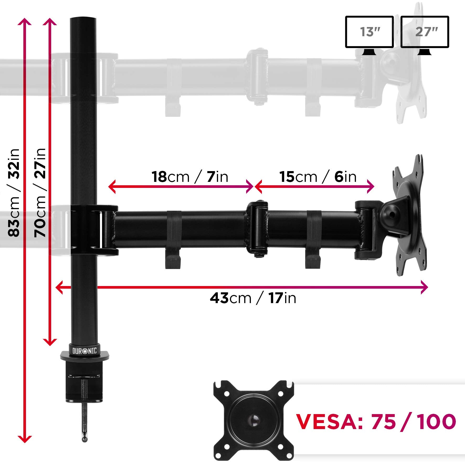 Duronic Computer Quad Monitor Arms showing adjustable heights, segment lengths, and VESA compatibility.