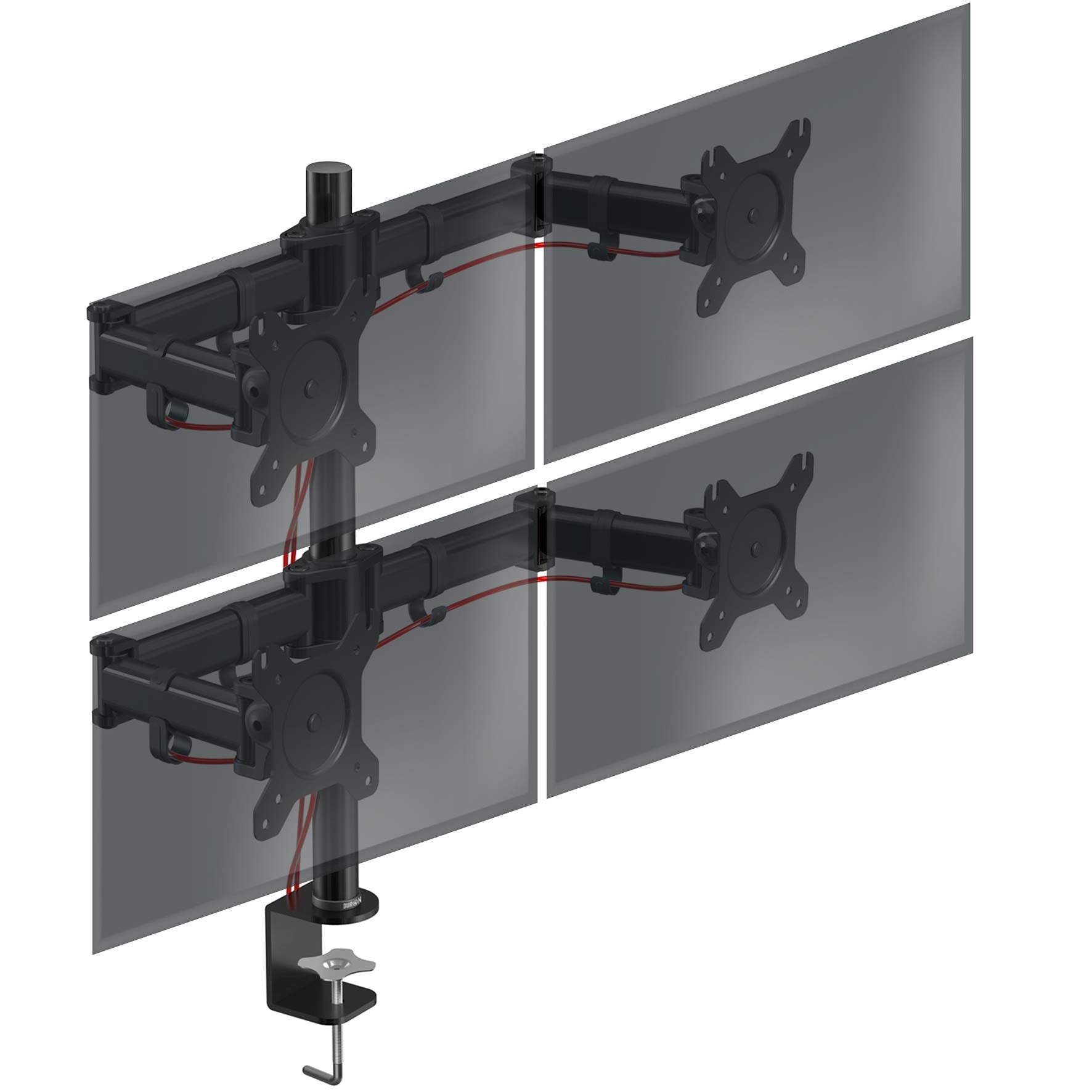 Duronic Computer Quad Monitor Arms with adjustable articulating arms supporting four screens in a grid layout.
