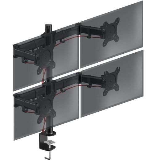 Duronic Computer Quad Monitor Arms with adjustable articulating arms supporting four screens in a grid layout.