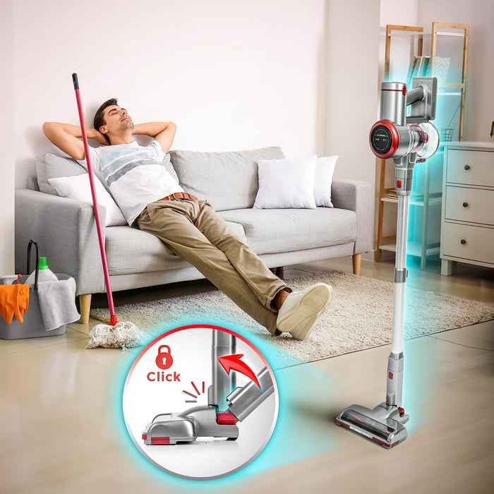 Duronic Cordless Vacuum features a self-standing "click" lock design for easy storage.