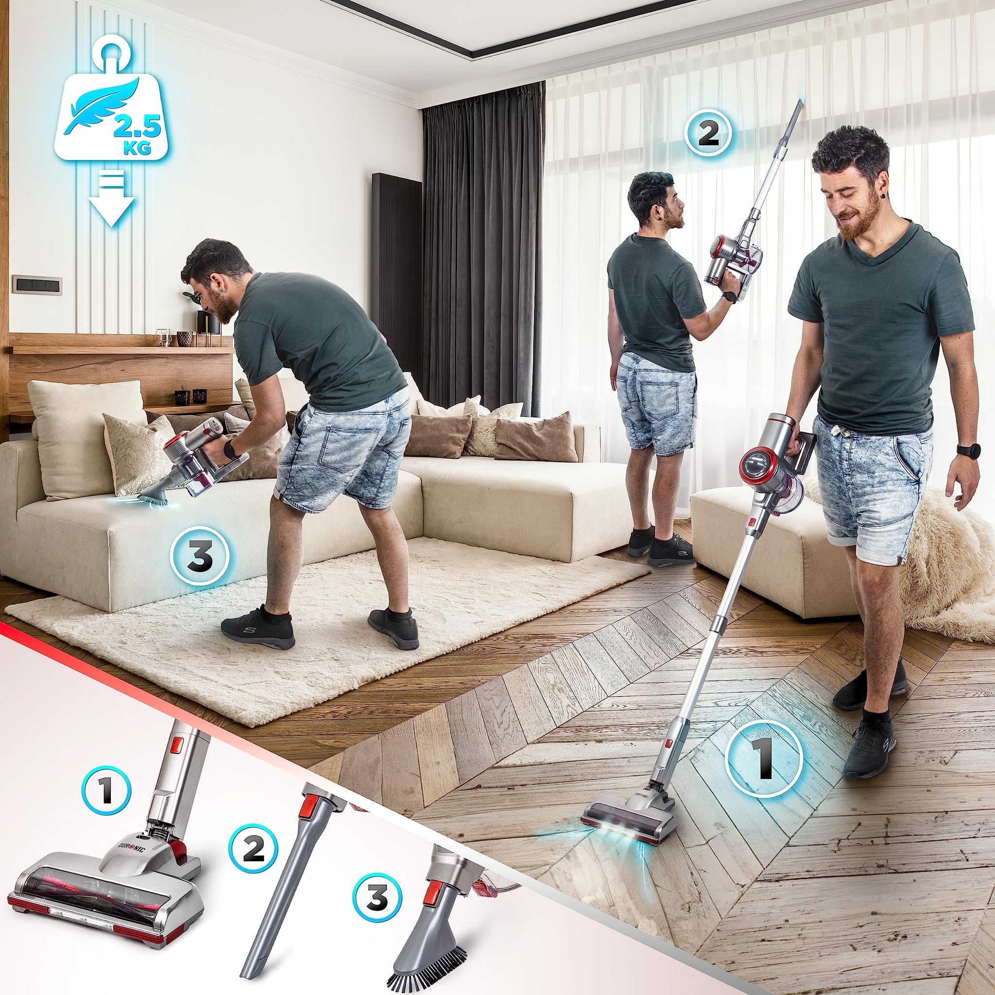 Duronic Cordless Vacuum with a man demonstrating the versatility of a lightweight 2.5 kg cordless stick vacuum using three different attachments to clean hardwood floors, high curtains, and a beige sofa.