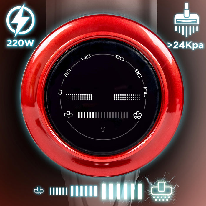 Duronic Cordless Vacuum with a red metallic bezel, highlighting technical specs
