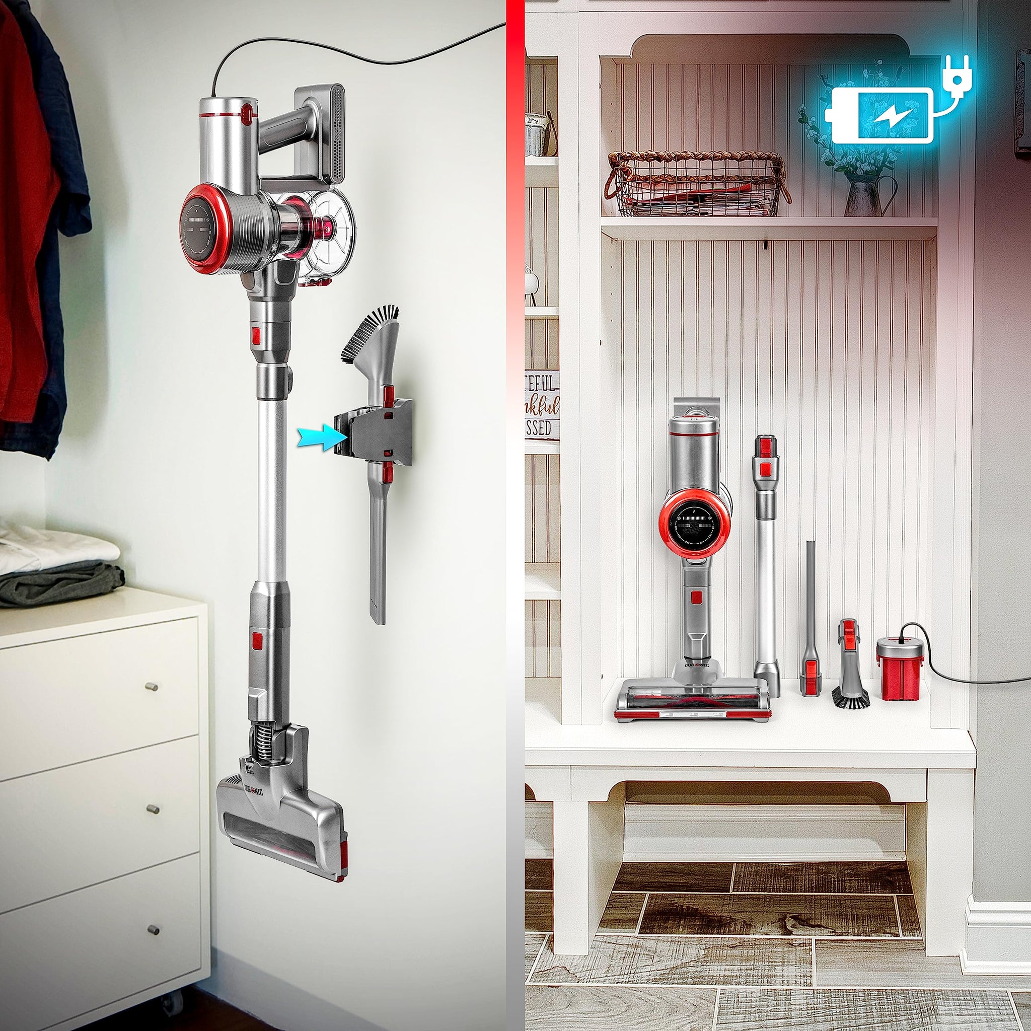Duronic Cordless Vacuum with its accessories, highlighting both its wall-mounted storage capability and its compact charging setup on a shelf.