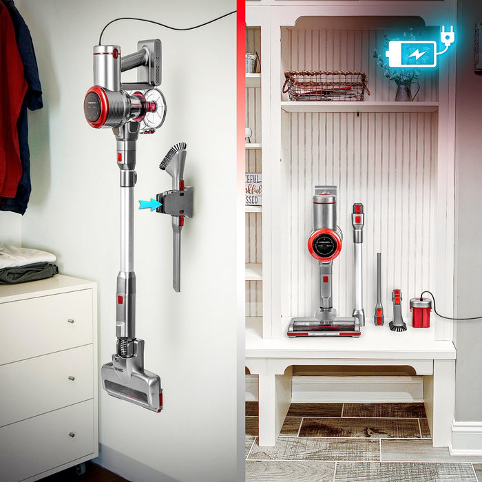 Duronic Cordless Vacuum with its accessories, highlighting both its wall-mounted storage capability and its compact charging setup on a shelf.