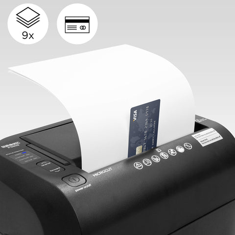 Duronic Cross Cut Paper Shredder destroying a stack of nine sheets and a plastic credit card.