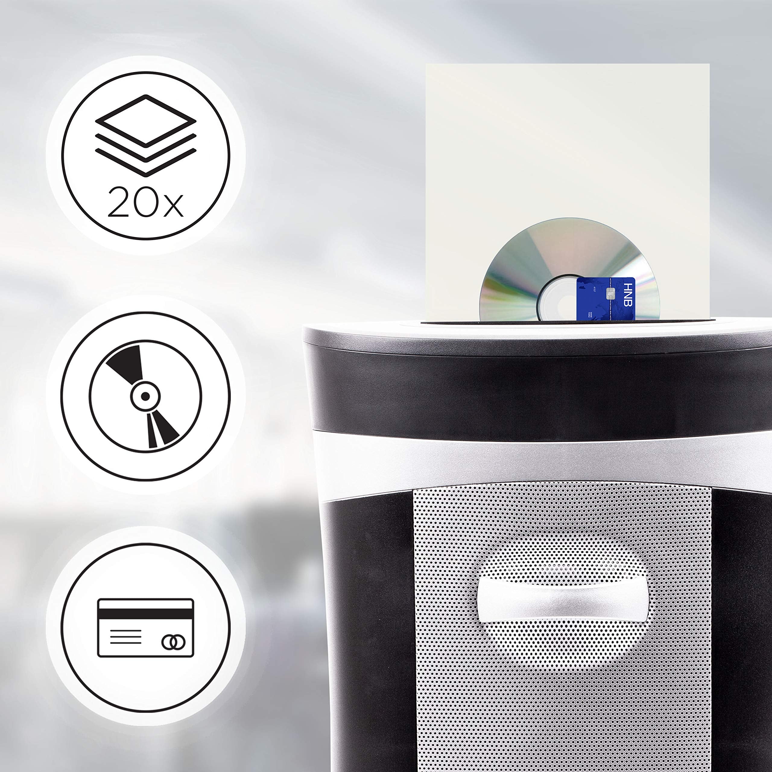 Duronic Cross Cut Paper Shredder destroying up to 20 sheets, compact discs, and credit cards.