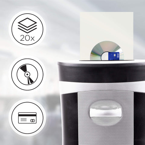 Duronic Cross Cut Paper Shredder destroying up to 20 sheets, compact discs, and credit cards.