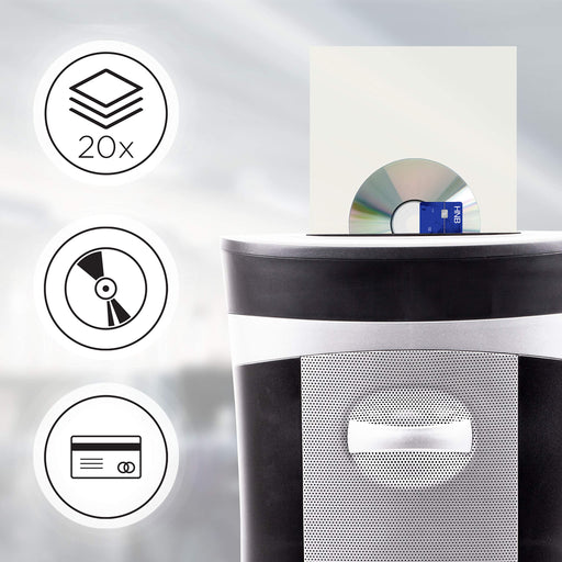Duronic Cross Cut Paper Shredder destroying up to 20 sheets, compact discs, and credit cards.