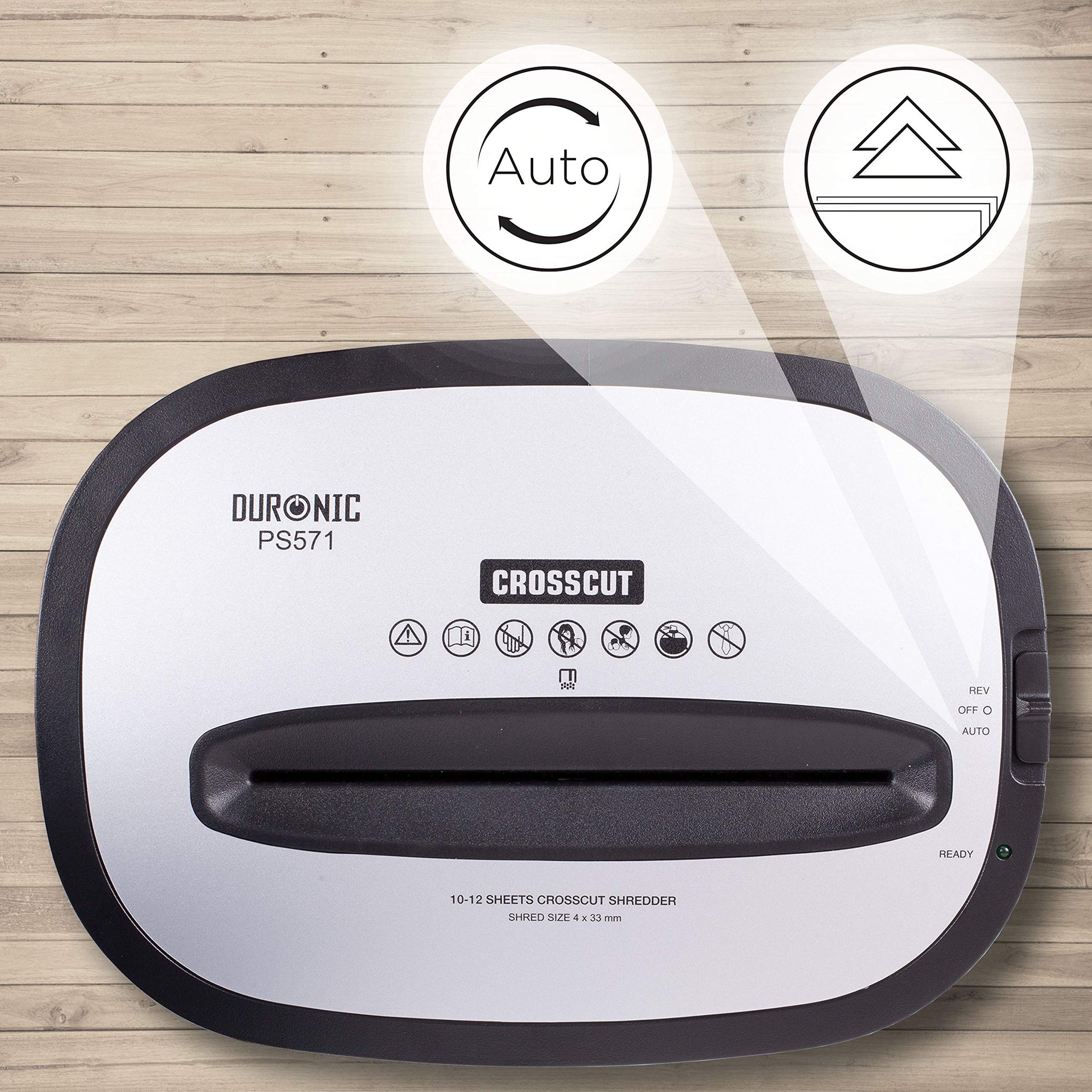 Duronic Cross Cut Paper Shredder featuring a modern silver and black design.