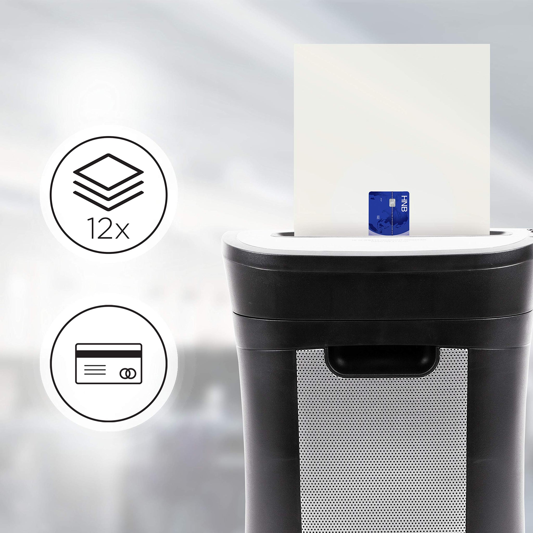 Duronic Cross Cut Paper Shredder featuring icons highlighting its capacity.