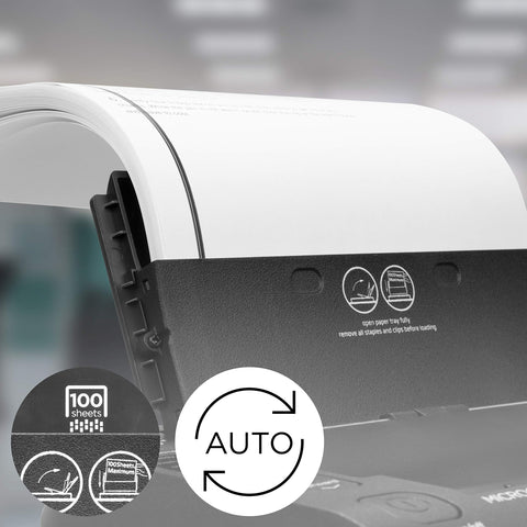 Duronic Cross Cut Paper Shredder holding a stack of 100 paper sheets.