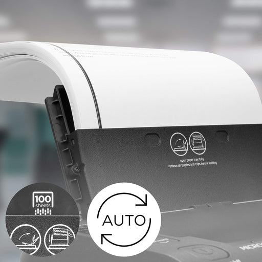 Duronic Cross Cut Paper Shredder holding a stack of 100 paper sheets.