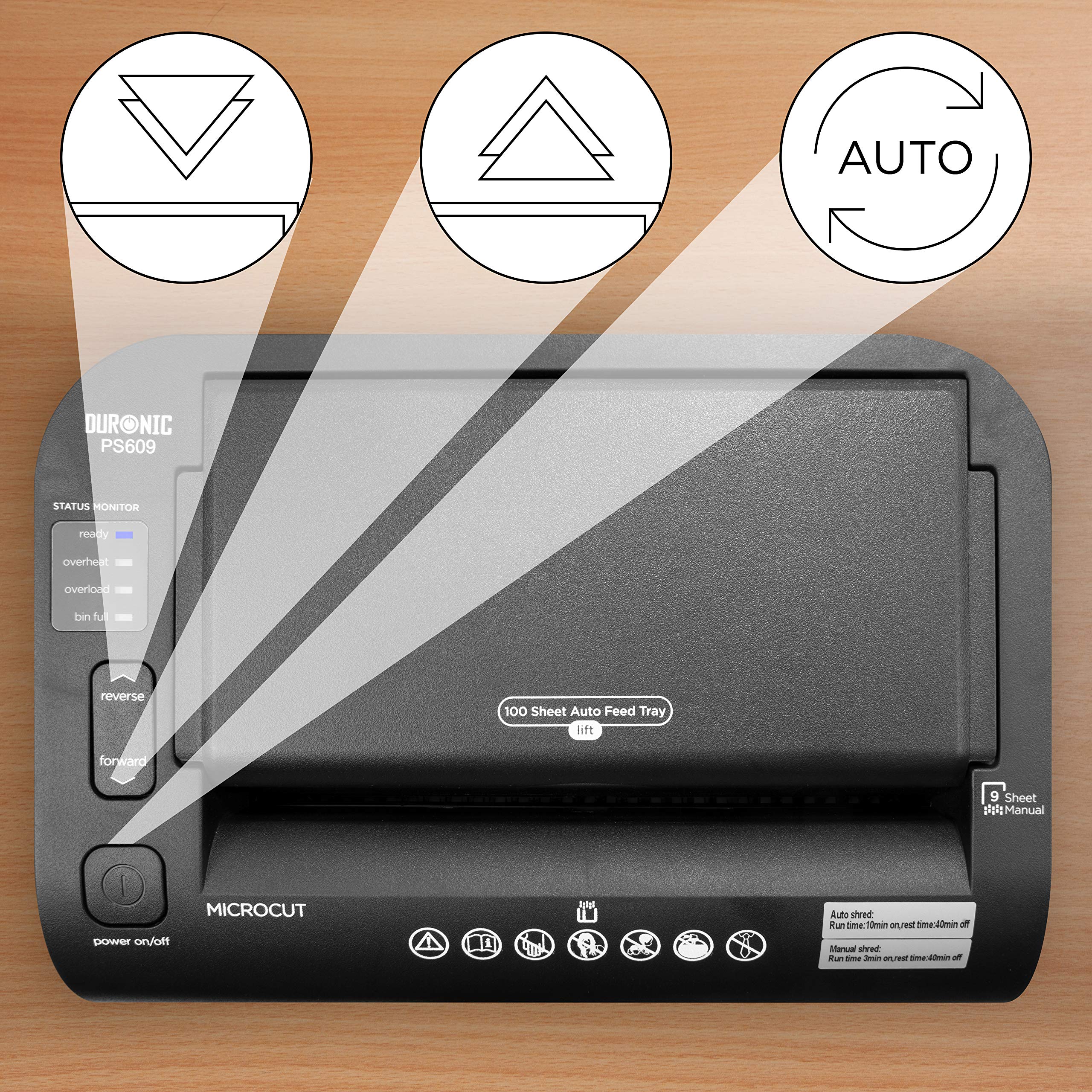 Duronic Cross Cut Paper Shredder showing control buttons and auto-feed tray.