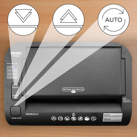 Duronic Cross Cut Paper Shredder showing control buttons and auto-feed tray.