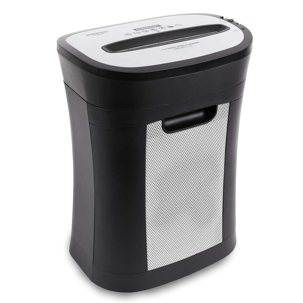 Duronic Cross Cut Paper Shredder with a mesh viewing window for office use.