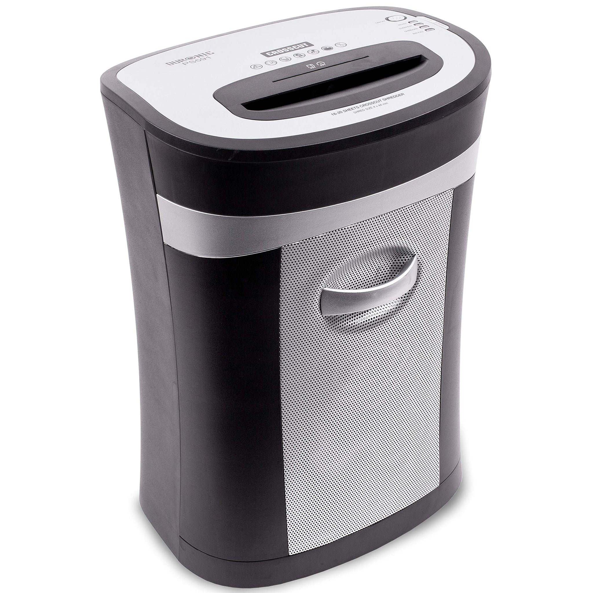 Duronic Cross Cut Paper Shredder with a pull-out bin and integrated handle.