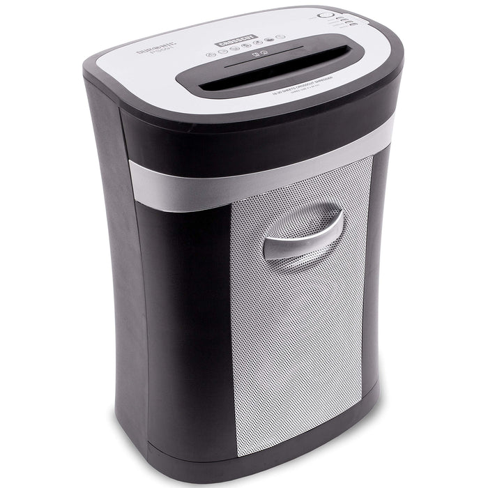 Duronic Cross Cut Paper Shredder with a pull-out bin and integrated handle.