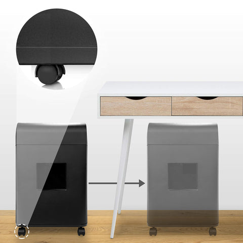 Duronic Cross Cut Paper Shredder with rolling caster wheels being moved easily into place under a desk.