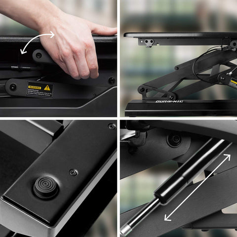 Duronic DM05D5 Corner Sit-Stand  Desk collage of four images showcasing the manual adjustment lever, sturdy x-frame structure, non-slip feet, and smooth gas spring mechanism of a Duronic sit-stand desk converter.