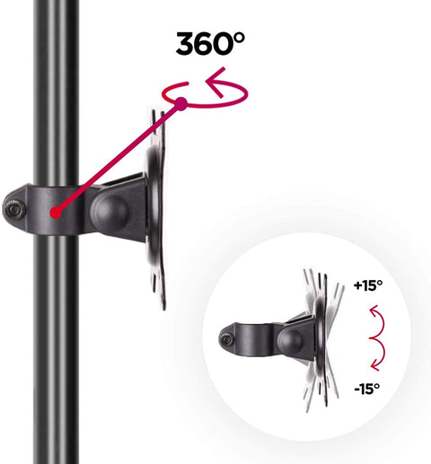 Duronic DM15D1 Monitor Stand showing 360-degree rotation and 15-degree tilt adjustment features.