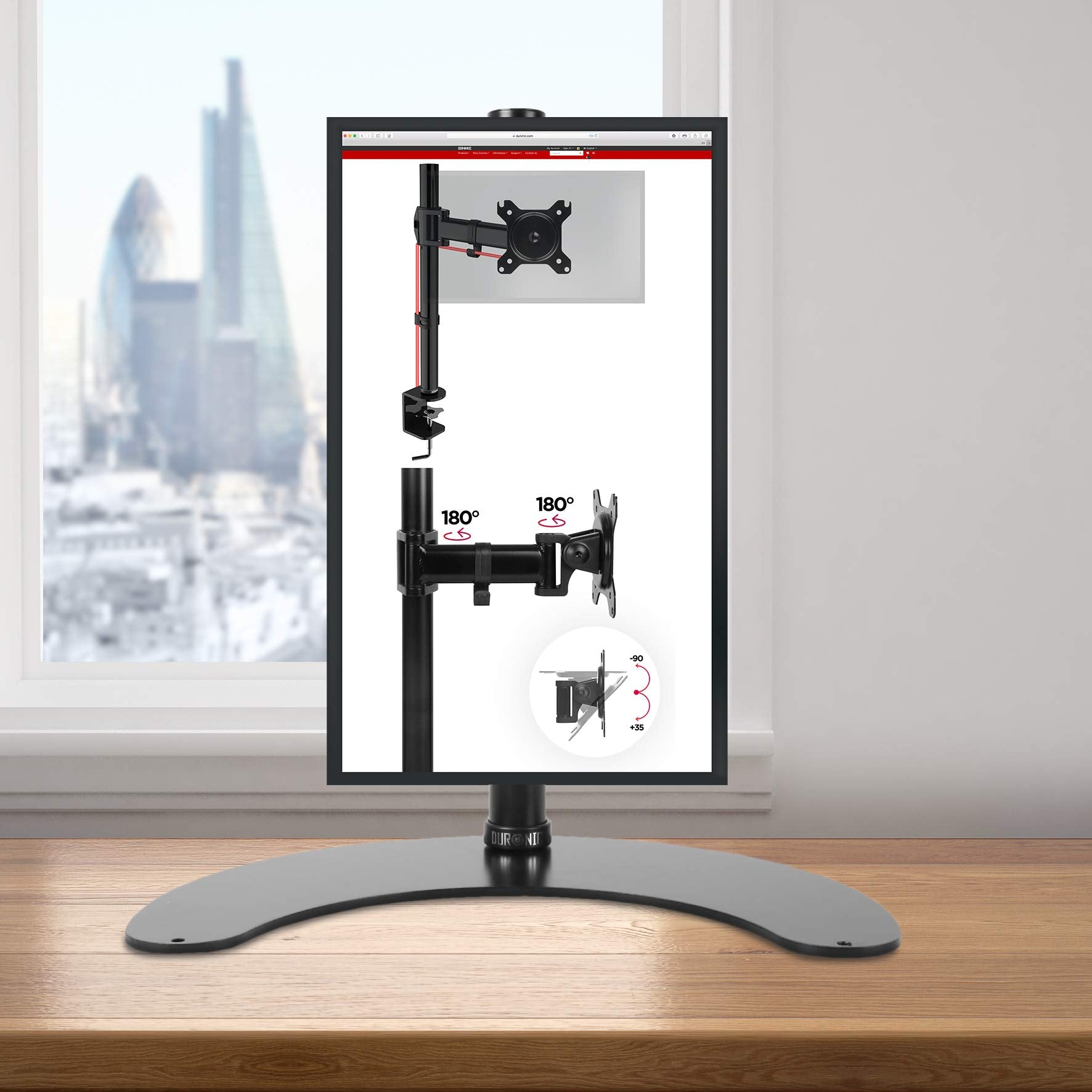 Duronic DM15D1 Monitor Stand showing product specifications for an adjustable arm.