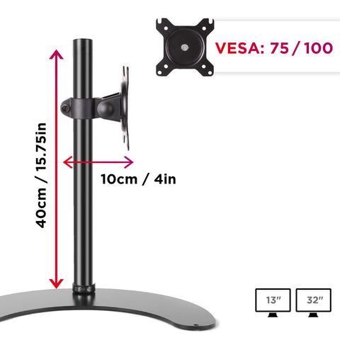 Duronic DM15D1 Monitor Stand with adjustable height, VESA 75/100 mount, and semi-circle base for screens.
