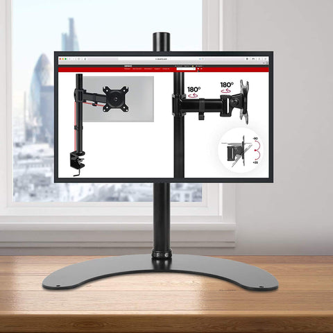 Duronic DM15D1 Monitor Stand with adjustable swivel, tilt, and 180-degree rotation on wooden surface.