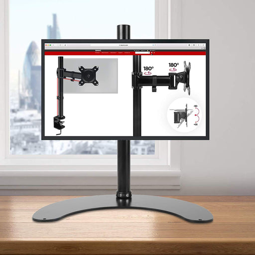 Duronic DM15D1 Monitor Stand with adjustable swivel, tilt, and 180-degree rotation on wooden surface.