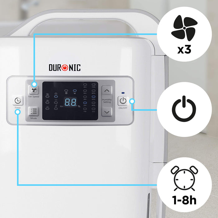 Duronic Dehumidifier featuring a digital display, humidity settings, and callout icons highlighting three fan speeds, an on/off button, and a 1-8 hour timer.