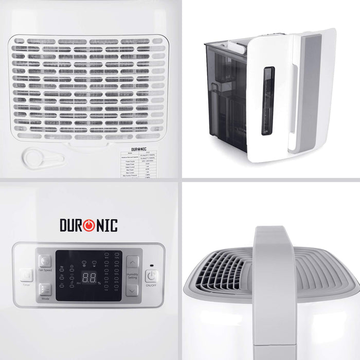 Duronic Dehumidifier highlighting its rear air filter, removable water tank with a transparent window, digital control panel, and sturdy top carry handle.