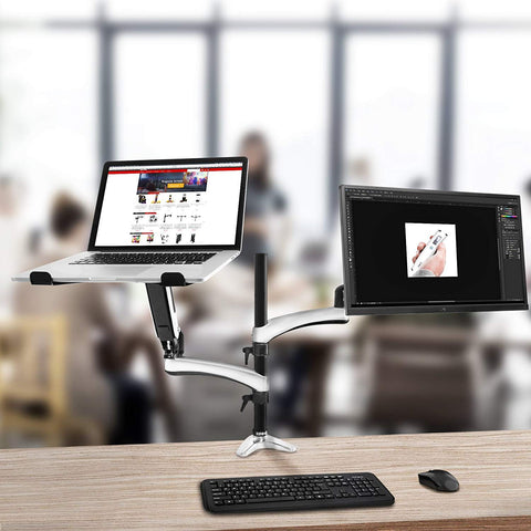 Duronic Desk Mount holding a laptop and an external screen side-by-side.
