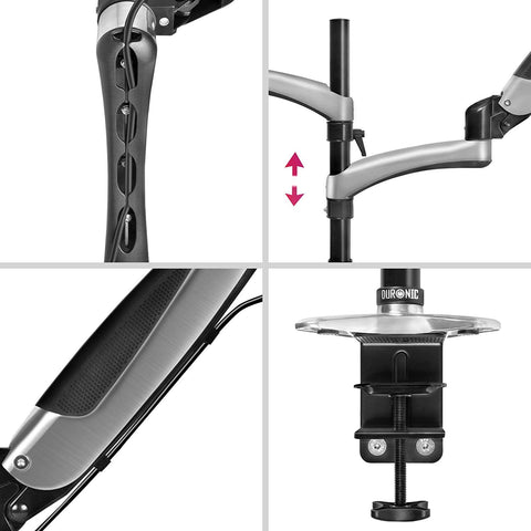 Duronic Desk Mount showing cable management, height adjustment, arm extension, and a desk clamp.