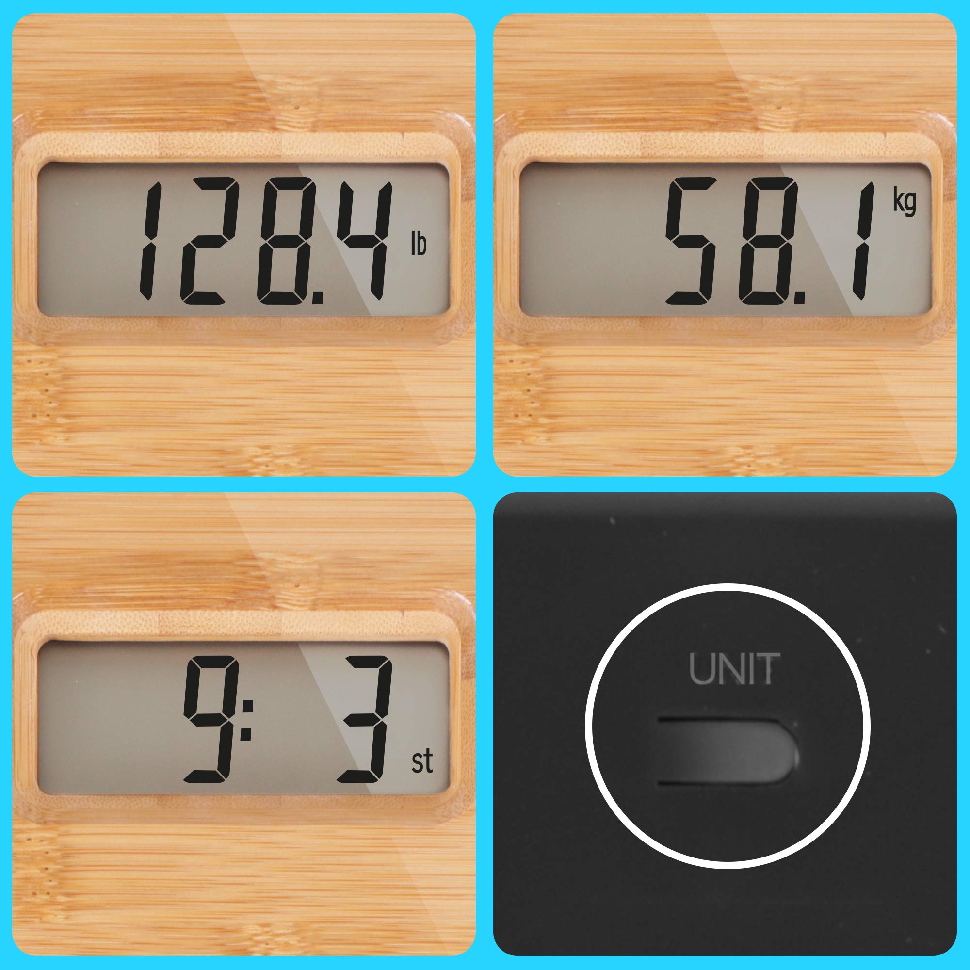 Duronic Digital Bathroom Body Scales displaying weight in pounds, kilograms, and stone with unit toggle button.