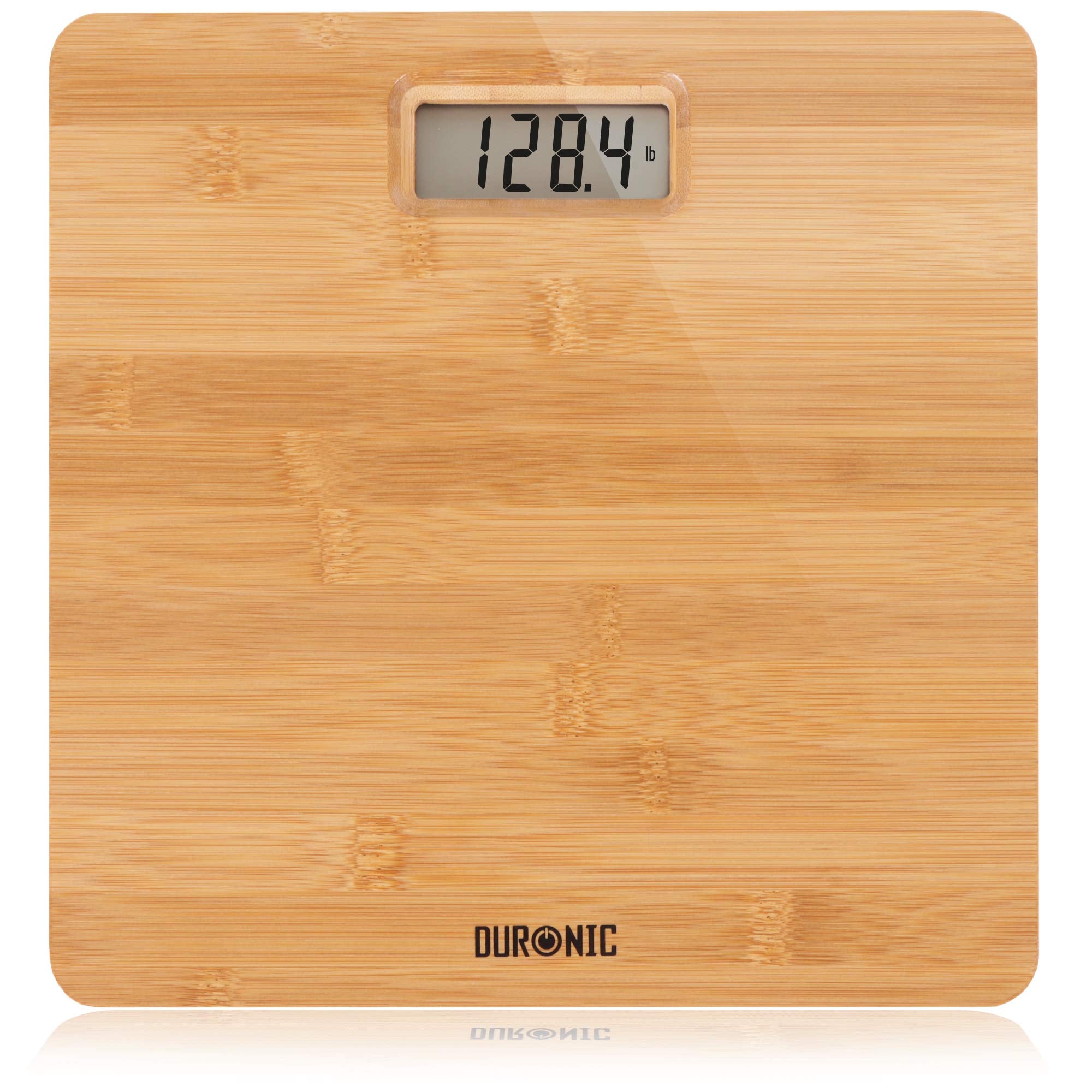Duronic Digital Bathroom Body Scales featuring a clear LCD display showing a 128.4 lb reading.