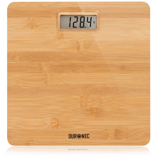 Duronic Digital Bathroom Body Scales featuring a clear LCD display showing a 128.4 lb reading.