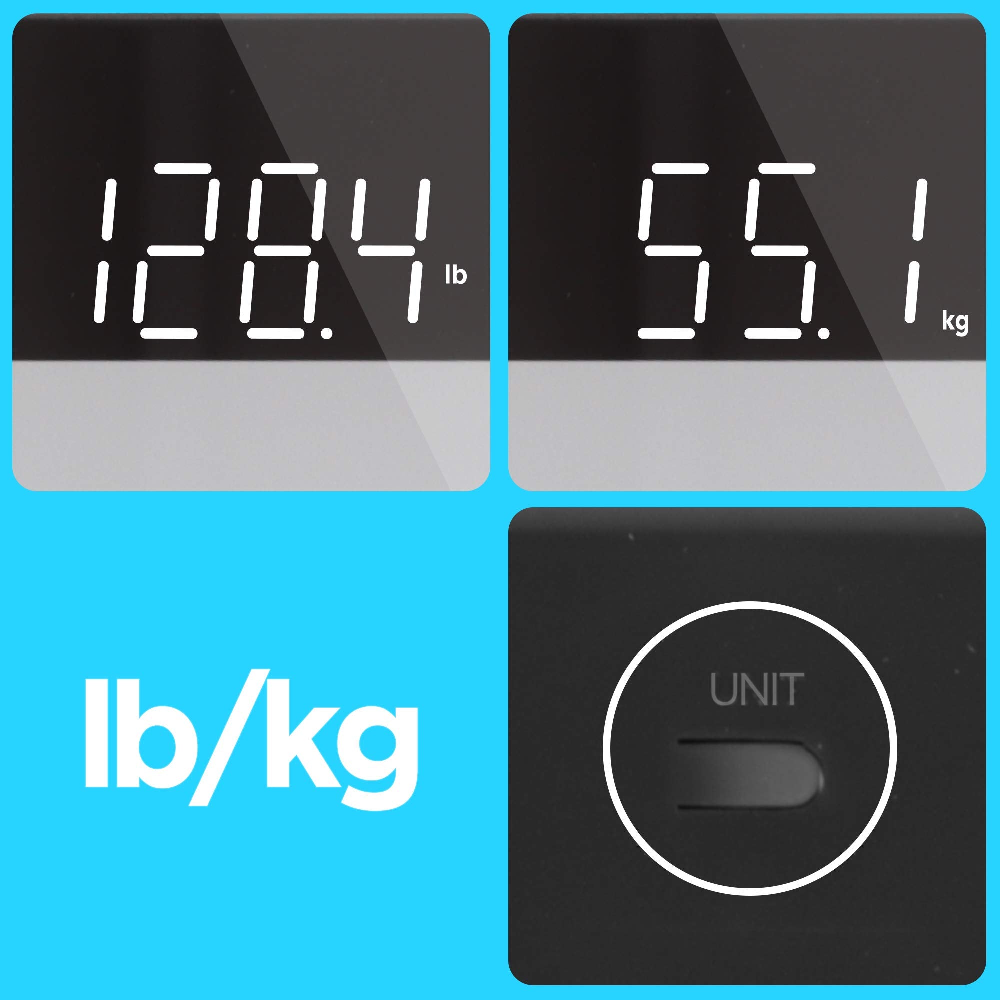 Duronic Digital Bathroom Body Scales showing 128.4 lb and 58.1 kg with a unit toggle button below.