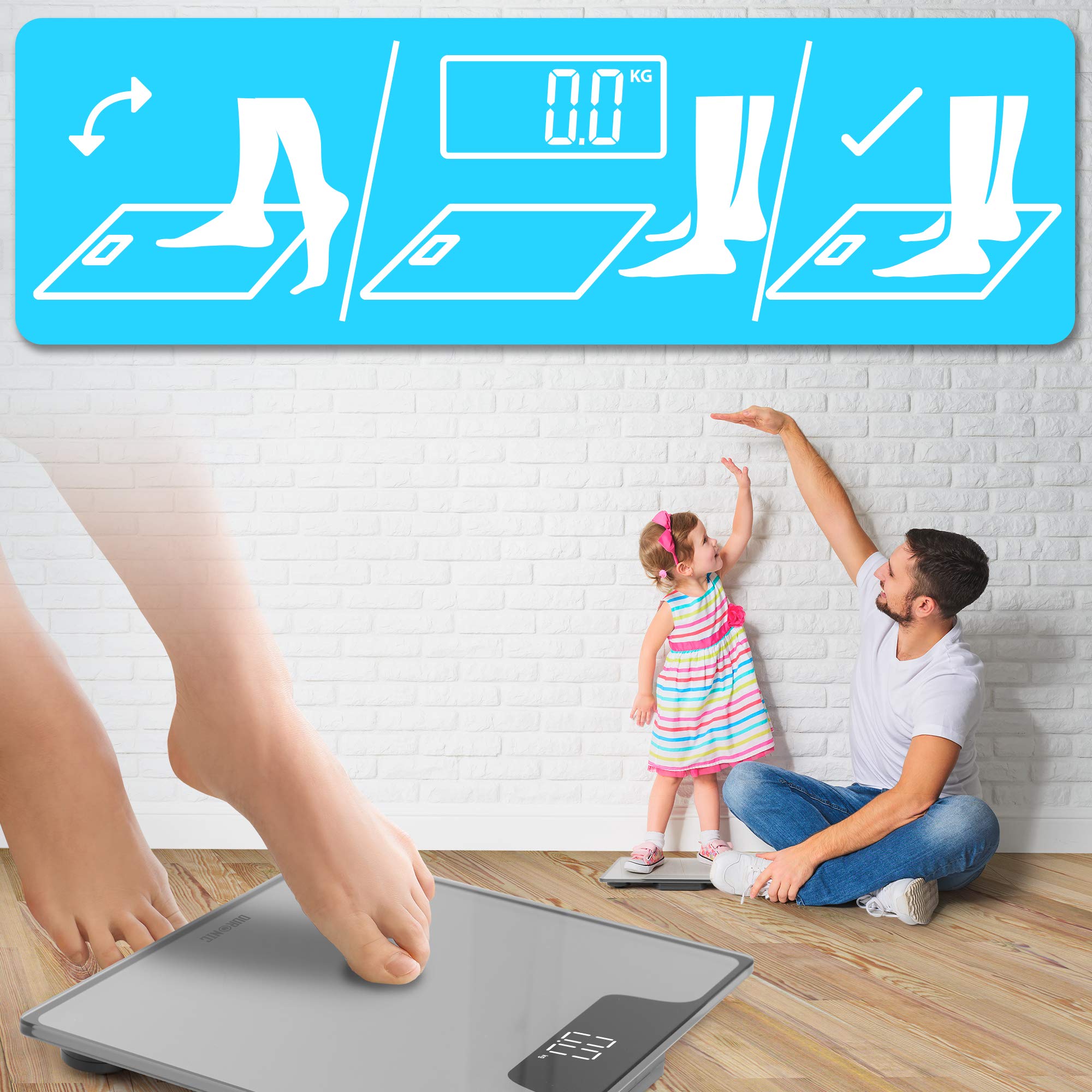 Duronic Digital Bathroom Body Scales showing how to weigh accurately for a healthy family.