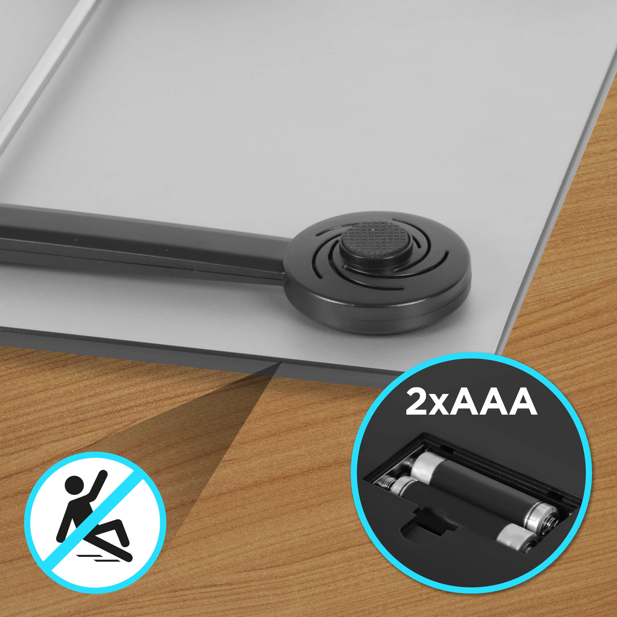Duronic Digital Bathroom Body Scales showing non-slip feet and a battery compartment requiring 2xAAA batteries.
