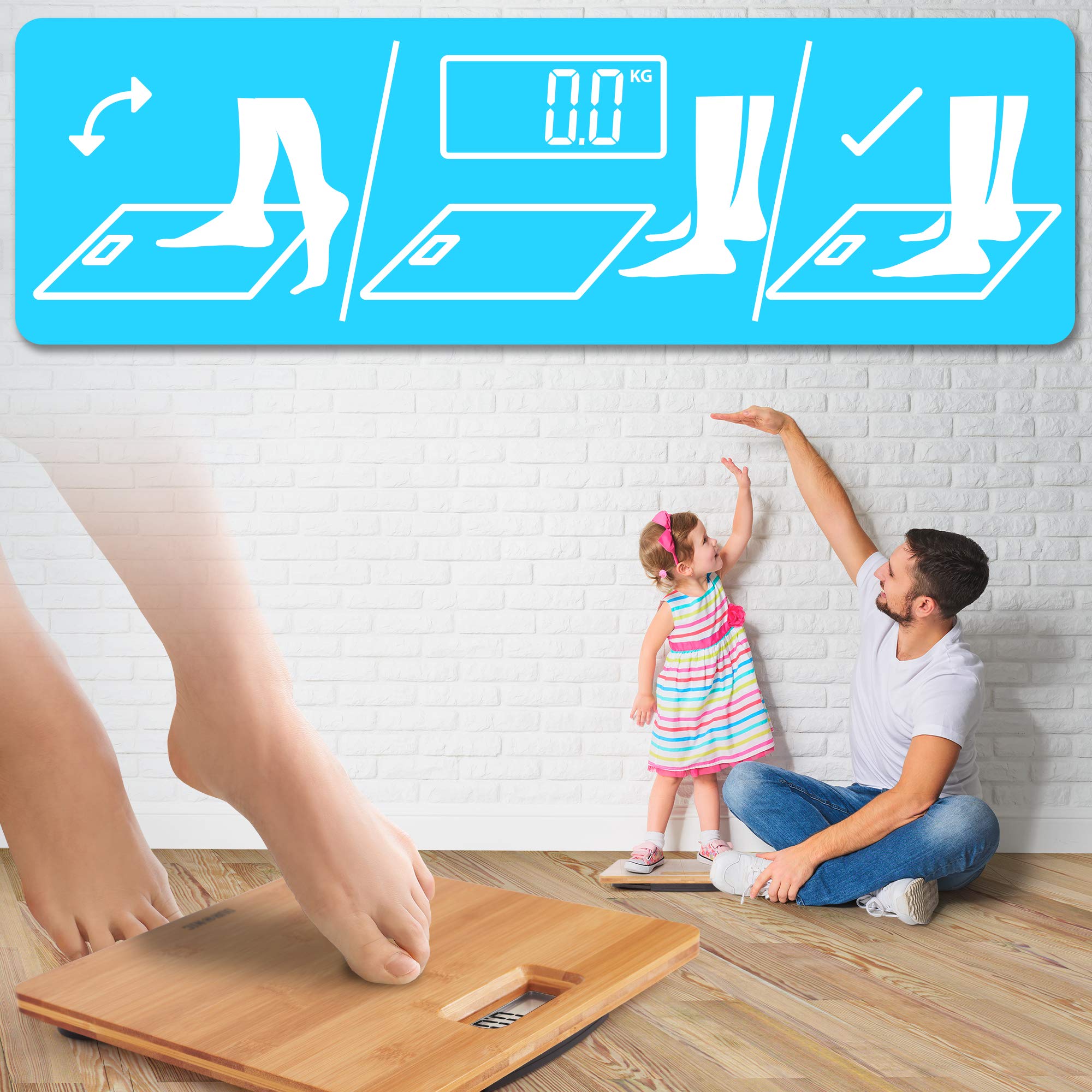 Duronic Digital Bathroom Body Scales with blue instructional graphic for weighing adults, children, and toddlers.